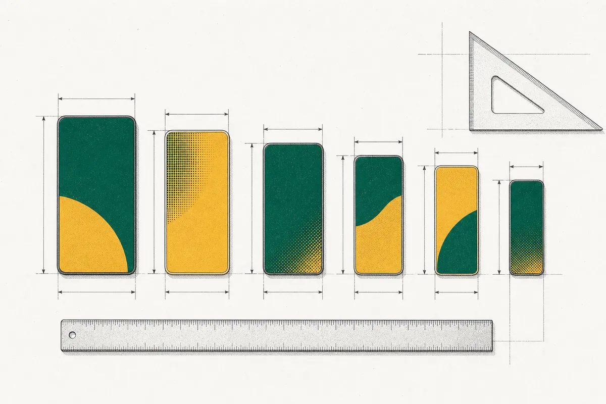 Six phone-shaped slabs of different sizes laid out on a drafting table with a ruler and a set square
