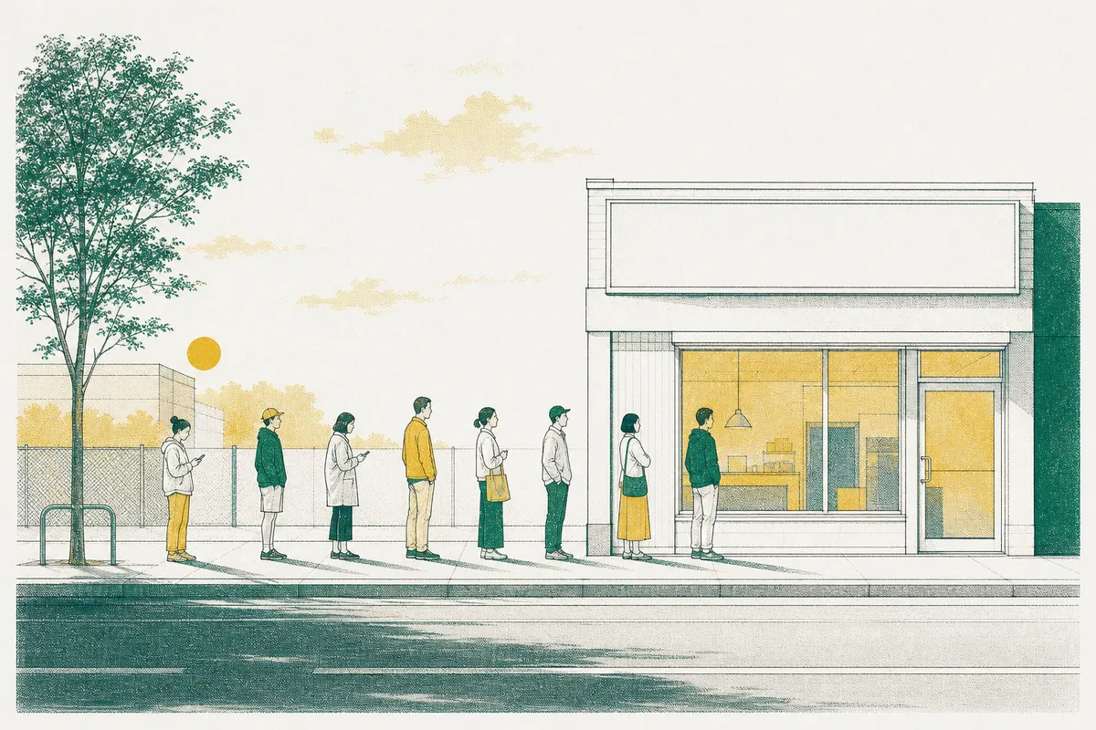 Drawing of people queuing on a sidewalk at dawn outside a shop with a blank sign